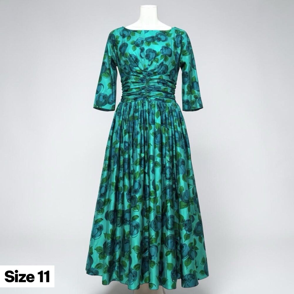 Vtg 50s Teal Blue Watercolor‎ Floral Day Dress Fit Flare Garden Tea Party Small